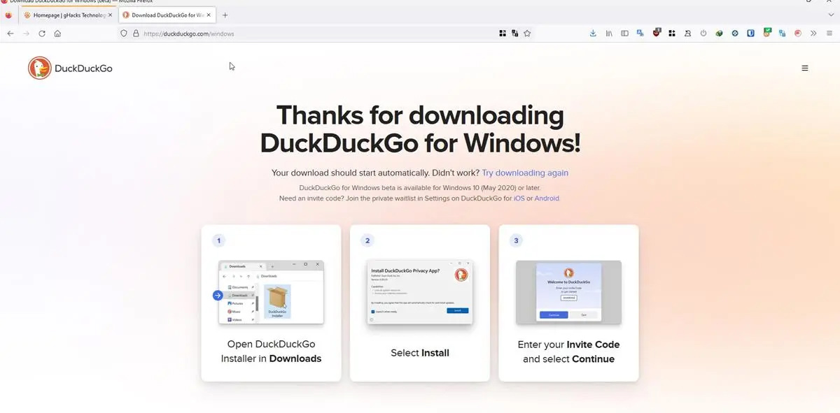 Windows 版 DuckDuckGo 浏览器进入测试