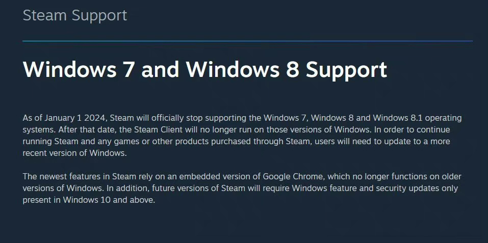 Steam 客户端明年起不再支持微软 Win7/