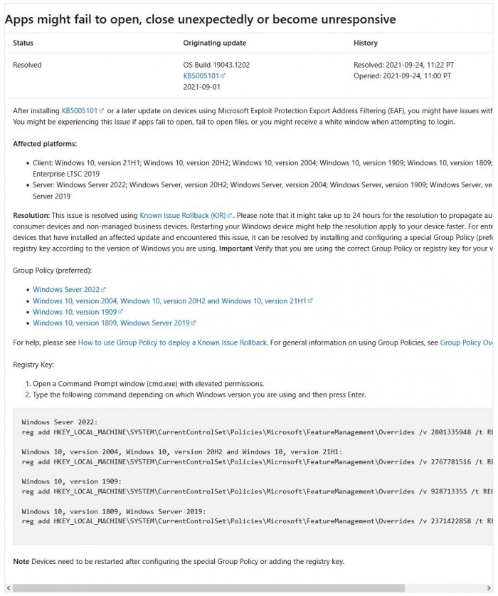 微软九月累积更新KB5005565问题太多 不建议大家升级